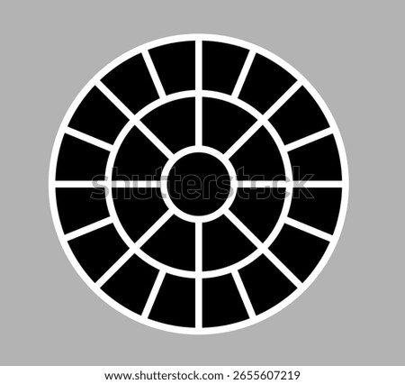 Abstract circular photo frame collage design set featuring segmented black slices and white concentric outlines, ideal for modern minimalist layouts, radial compositions.