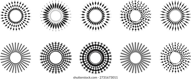 Padrões radiais circulares abstratos em estilo geométrico preto e branco. Sunburst e desenhos redondos inspirados em mandala criam profundidade óptica e simetria. Perfeito para logotipos, fundos e gráficos modernos.