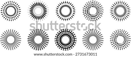 Abstract circular radial patterns in black and white geometric style. Sunburst and mandala inspired round designs create optical depth and symmetry. Perfect for logos, backgrounds, and modern graphics.