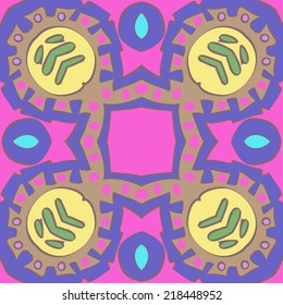 Abstract circular  seamless pattern of colored  floral motif  on a pale pink  background.Handmade.