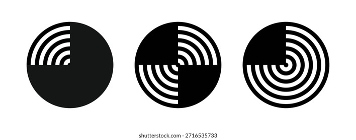 Abstract circular segments with spiral line pattern, black striped round shapes isolated on white background vector set.