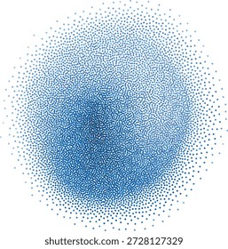 Abstract circular shape with gradient noise, blue color. Halftone textured dot pattern. Grain or splatter effect. Y2K style. Vector illustration. Isolated background.