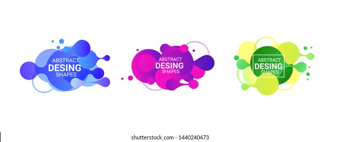 Abstract circular shape set. Blue, pink, purple, yellow, green fluid circles. Round forms, flowing liquid, dynamic bubbles, gradient colors. Vector template for brochures, banners, posters, covers