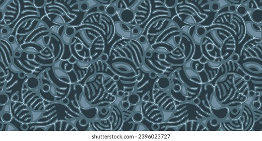 Abstract circular shapes in silver-plated gray metal colors. Seamless round geometric pattern. Cartoon 3D graffiti style ornament. Repeat print for teenagers fashion textile. Vector wallpaper