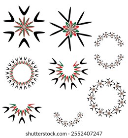 Abstract circular shapes with symmetrical star and floral patterns in red black and white ideal for decorative art modern designs and creative geometric project