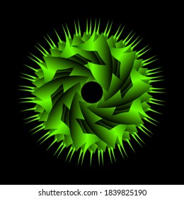 Abstract circular spiral pattern in the shape of a flower star. Dark green circular spiral transition. Spiral star grid vector image with circular transitions
