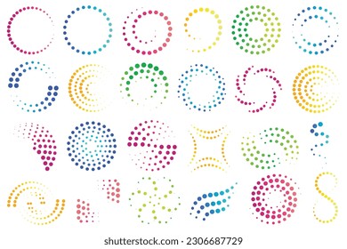 Abstract circular spotted shape. Halftone dots effect. Different colorful figures with gradient backgrounds. Design elements