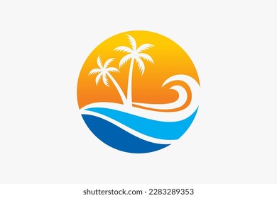 Abstract Circular Sun and Sea Wave with palm tree Logo. Flat Vector Logo Design Template Element.