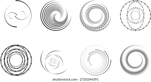 Abstract circular swirl and spiral shape set with dynamic motion rings. Modern geometric vortex designs perfect for logos, backgrounds, and creative compositions. Stylish graphic elements for digital, futuristic, and artistic projects.