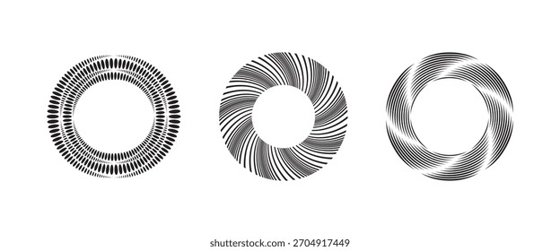 Coleção de design de vetor espiral circular abstrato, formas radiais abstratas monocromáticas definem ilustração vetorial.