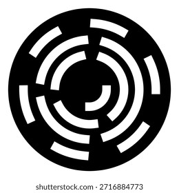 Símbolo circular Abstractas que presenta un patrón de espiral o laberinto fragmentado sobre un fondo negro, que representa conceptos de datos, tecnología, complejidad, conexión digital e innovación