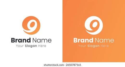Símbolo circular abstrato com um numeral estilizado nove em laranja e branco para uma identidade empresarial moderna