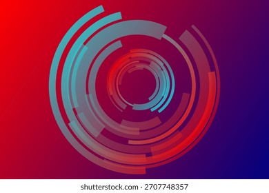 Abstractas diseño de tecnología circular con anillos en capas en Gradientes rojos y azules, creando un fondo futurista moderno adecuado para temas digitales, de ciencia ficción y tecnología.