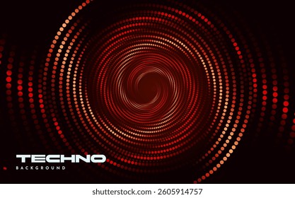 Abstract circular tunnel made of red and orange gradient dots on a dark background, in a techno digital concept for music or party themes. Vector illustration