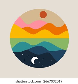 Ilustração vetorial circular abstrata de uma cena dia e noite. A seção superior apresenta o sol em laranja brilhante, amarelo e rosa, enquanto a seção inferior apresenta um 