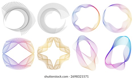 Conjunto de Formas de línea de onda circular Abstractas. Elementos de diseño modernos con variaciones de gradiente y monocromo, perfectos para el arte digital, la marca, carteles, fondos mínimos y composiciones geométricas