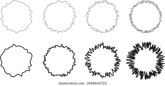 Abstractas contorno de forma de onda circular en diseño minimalista en blanco y negro. Ocho Formas redondas dentadas únicas para conceptos modernos de arte digital o sonoro. Ideal para el logotipo, el patrón o los Gráficos para video.