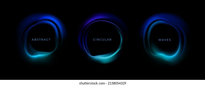 Abstract circular waves on black isolated background. Blue neon backdrop in form of dynamic luminous circle. Music concept, equalizer. Vector illustration with round frame