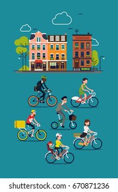 Abstract citizens riding their bikes. Bicycle as urban personal eco friendly transport. Men and women riding bicycles in town. Businessman, courier, woman with child and other people pedaling