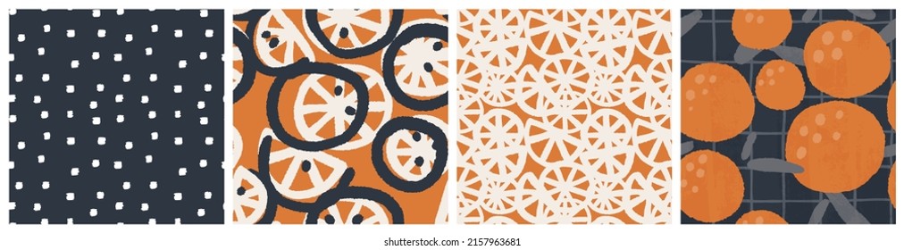Abstract citrus fruit seamless pattern set in natural terracotta orange, off-white and dark grey 2023 colors. Modern vector design for kitchen textile, fabric print.