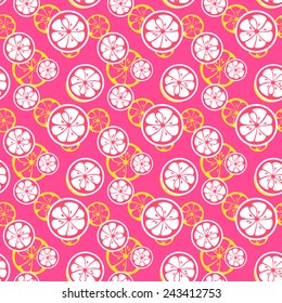 Abstract citrus fruit seamless pattern. Vector illustration for fresh sweet design. Can be used for wallpaper, cover fill, web page background, surface texture. Pink, yellow and white color.