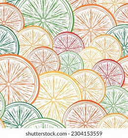 Abstract citrus fruits in green, orange, and yellow on a white background. Overlapping multicolored circles. Modern background design with slices of lemon, orange, and lime. Seamless vector pattern. 