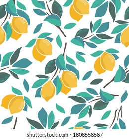 Abstract citrus seamless pattern with leaves and lemon fruits. Colorful summer background for fabric design print, textile, backdrops. Hand-drawn style vector illustration.