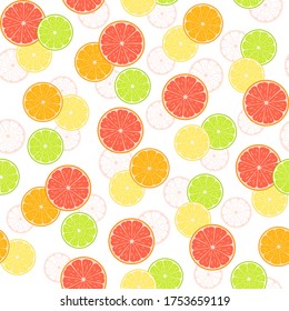 Abstract citruses, lemon, grapefruit, orange and lime on a white. Vector seamless pattern, design template for wallpaper, wrapping paper, packaging, printing on fabric, textile, clothes and bags