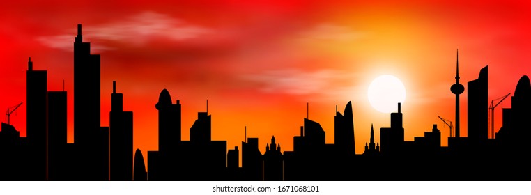 Abstract city against the sky and the sun at sunset. City, sun, sunset.