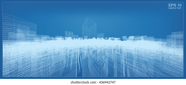 Abstract city background of 3D building wireframe perspective. Vector construction graphic idea.