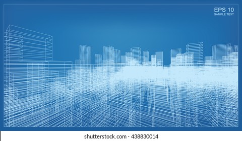 Abstract city background of 3D building wireframe perspective. Vector construction graphic idea.