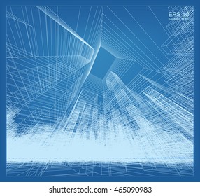 Abstract city background of 3D building wireframe perspective. Vector construction graphic idea.