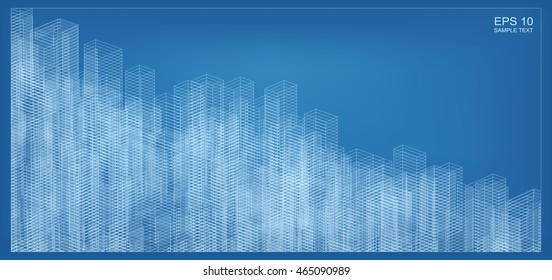 Abstract city background of 3D building wireframe. Vector construction graphic idea.