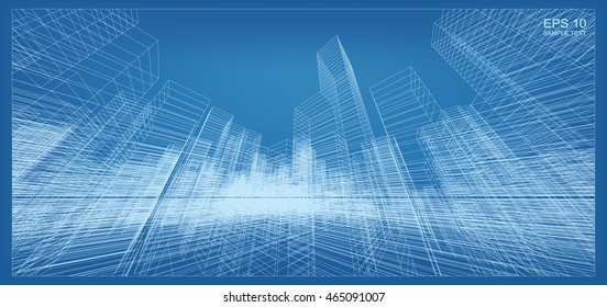Abstract city background of 3D building wireframe perspective. Vector construction graphic idea.