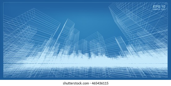 Abstract city background of 3D building wireframe perspective. Vector construction graphic idea.