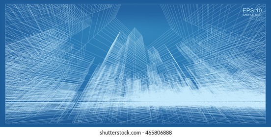 Abstract city background of 3D building wireframe perspective. Vector construction graphic idea.