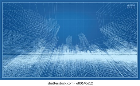 Abstract city background of 3D building wireframe perspective. Vector construction graphic idea.