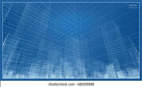 Abstract city background of 3D building wireframe perspective. Vector construction graphic idea.