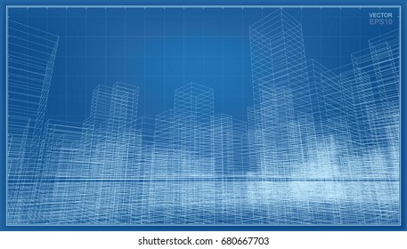 Abstract city background of 3D building wireframe perspective. Vector construction graphic idea.
