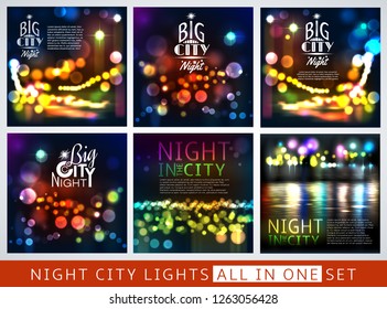 Abstract city background with bokeh lights set. Vector illustration