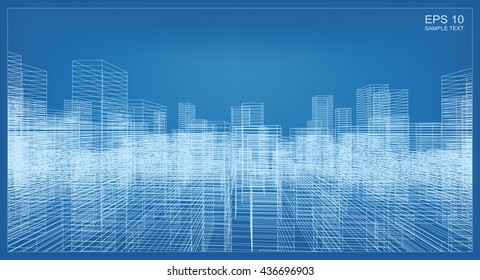 Abstract city background of building wireframe perspective. 3D render for construction graphic idea.
