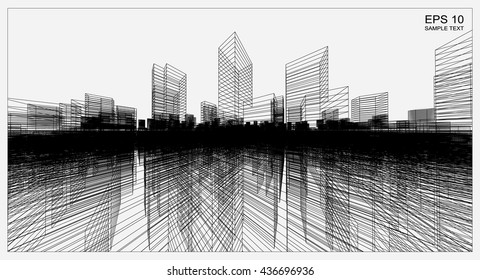 Abstract city background of building wireframe perspective. 3D render for construction graphic idea.