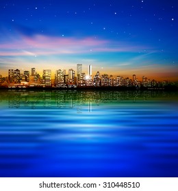 abstract city background with panorama of vancouver and sunset