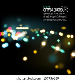 Abstract city background with realistic bokeh lights. Vector illustration