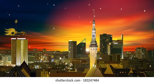 abstract city background with red sunset and cityscape