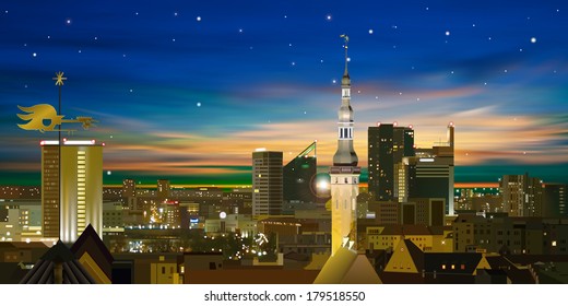 abstract city background with stars sunset and cityscape
