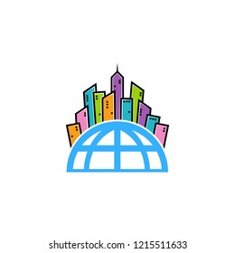 Abstract city building and Globe Logo. Symbol icon of residential, apartment and city landscape, skyscraper 