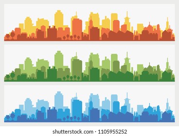 Abstract city building skyline - horizontal web banner background. Silhouette of the city. Buildings silhouette cityscape.