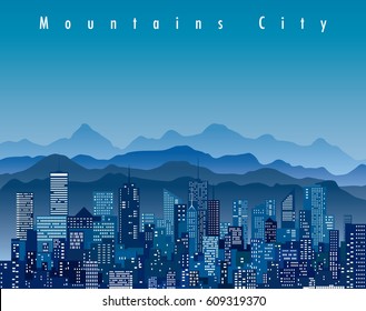 Abstract City, Cityscape Skyscrapers With Mountains, Blue Vector Background