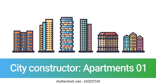 Abstract city constructor in flat line style. Set with icons of  old and modern apartments houses. Compatible with my other city constructor sets.